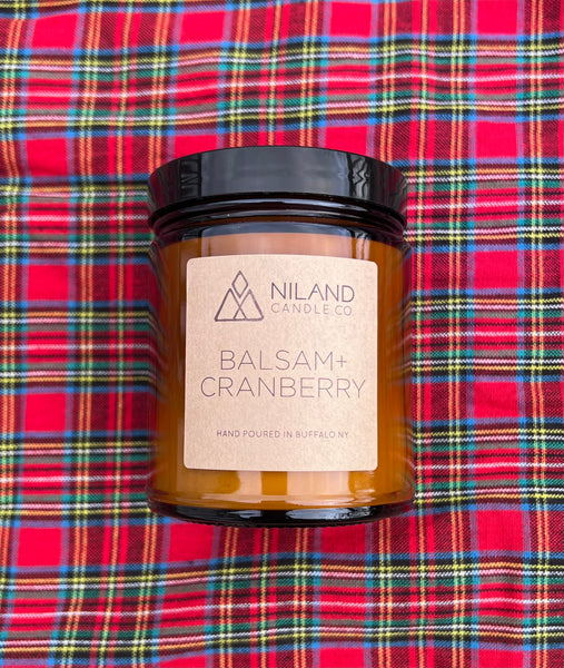 Balsam+Cranberry Soy Candle in Amber colored glass jar